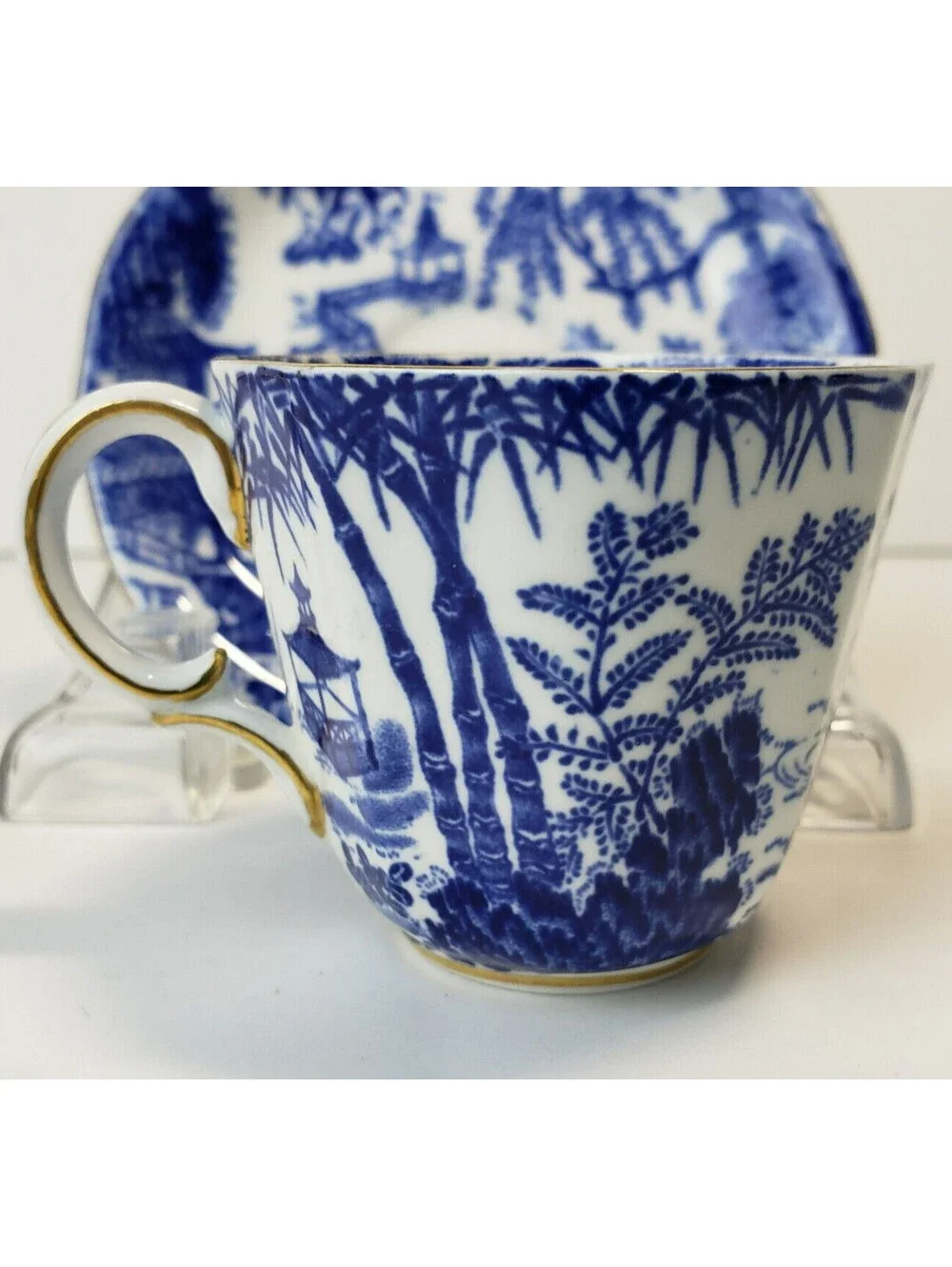Vintage Royal Crown Derby Blue Mikado Demitasse Teacup & Saucer Set Chinoiserie